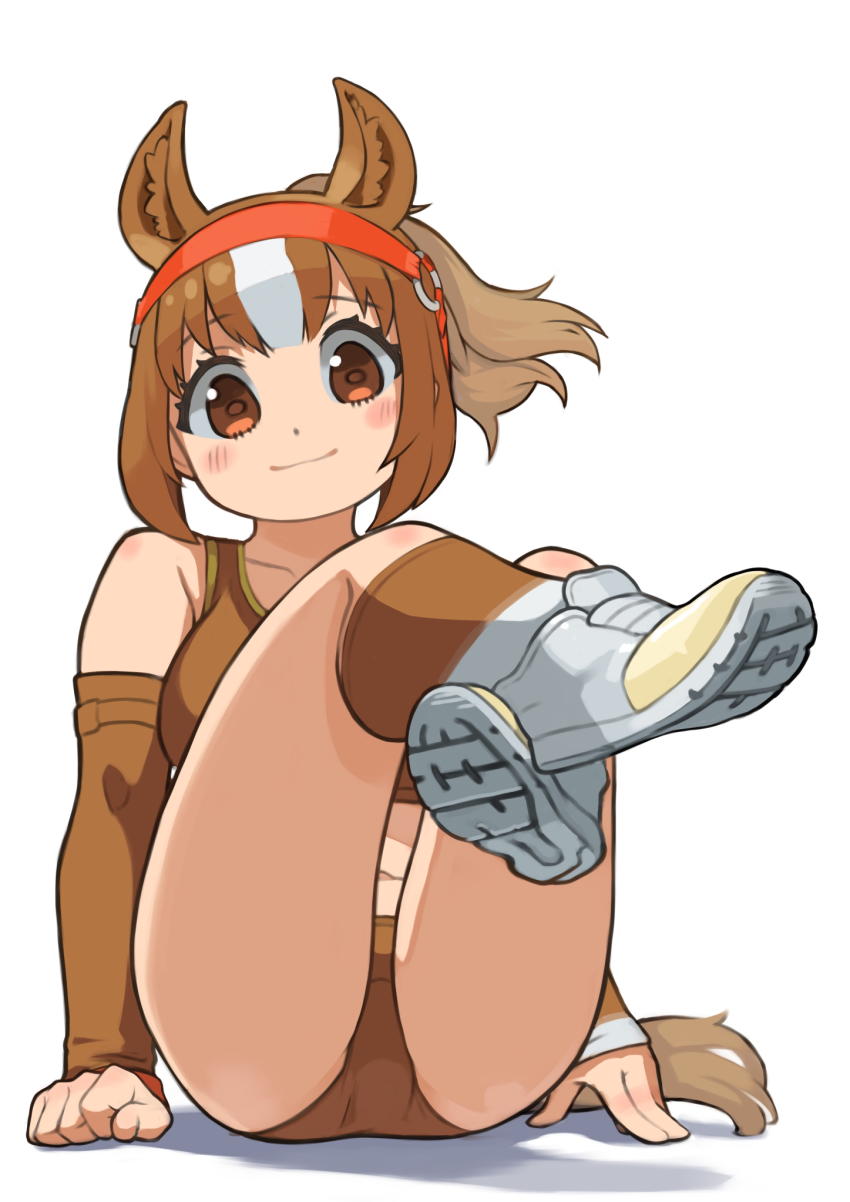 1girl, animal_ear_fluff, animal_ears, bare_shoulders, bridle, brown_buruma, brown_eyes, brown_hair
