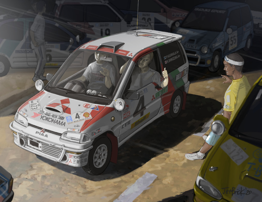 4boys, car, daihatsu, daihatsu_mira, dark_skin, garage, headband, jettoburikku, mazda, mazda_carol, mitsubishi_minica, mitsubishi_minica_dangan, mitsubishi_motors, motor_vehicle, multiple_boys, open_hand, original, subaru_(brand), subaru_vivio, suzuki, suzuki_alto, thumbs_up, vehicle_focus, waving