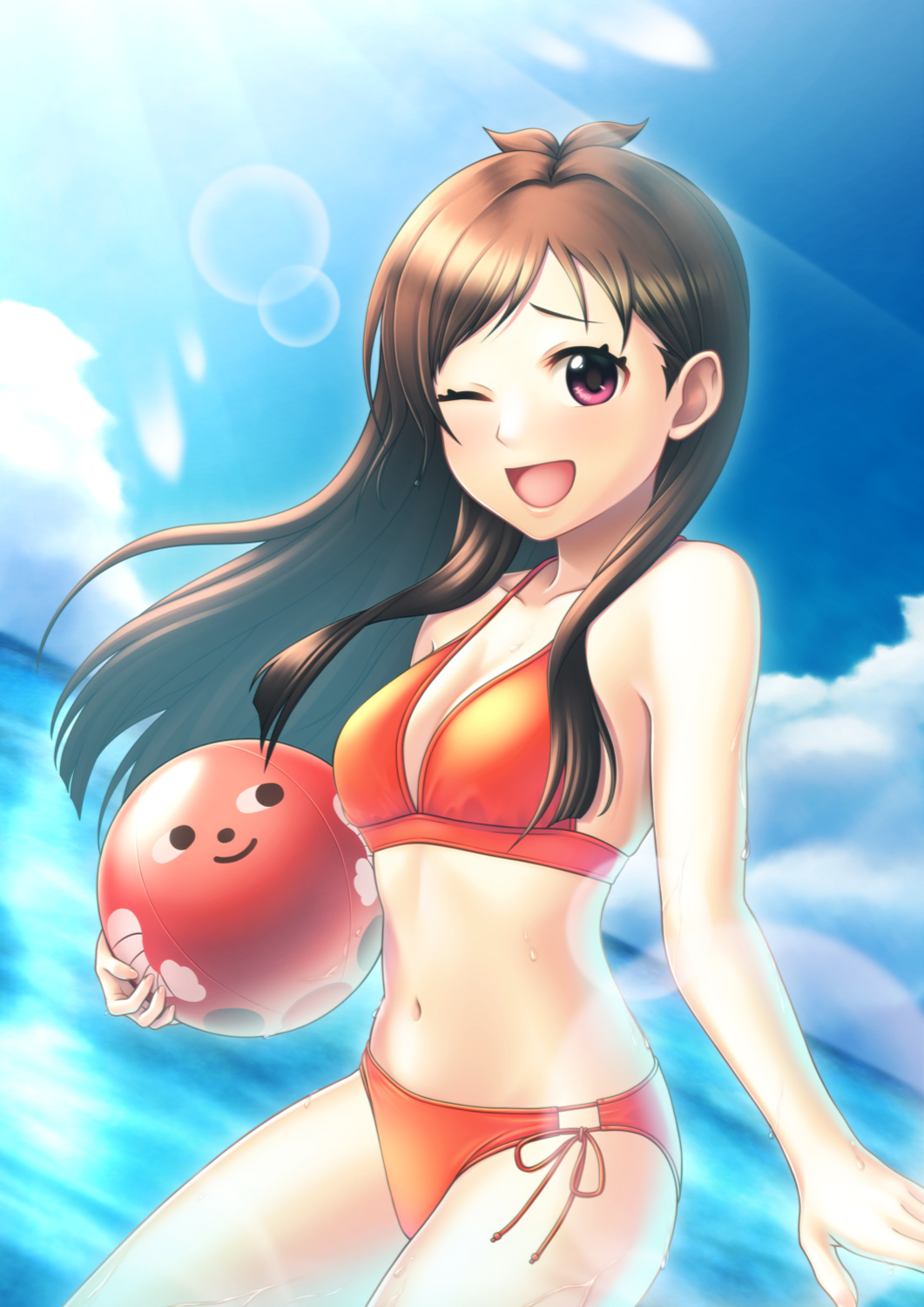 1girl, ball, bikini, blue_sky, breasts, brown_hair, cloud, day