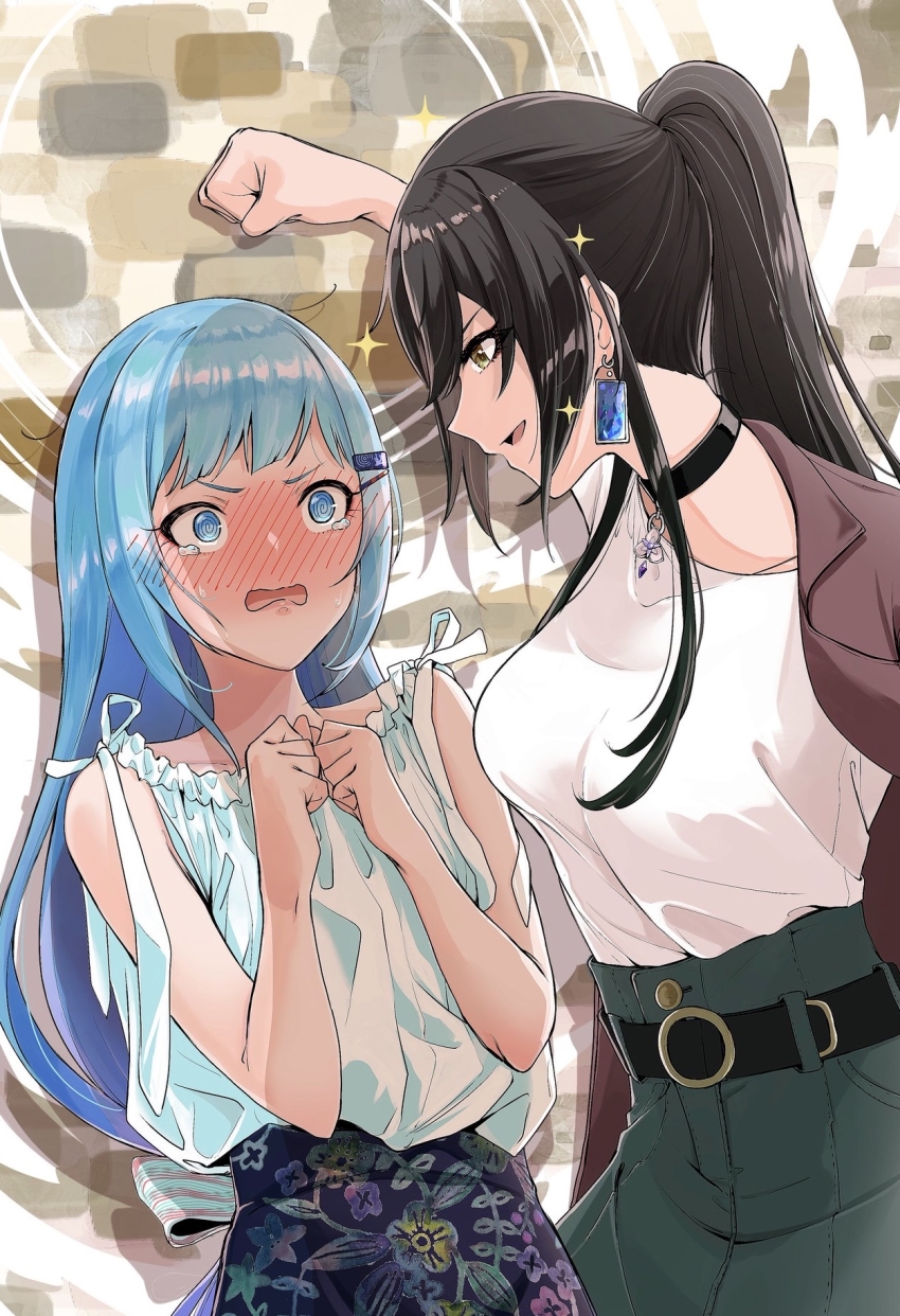 2girls, @_@, bare_shoulders, belt, black_belt, black_choker, black_hair, blue_eyes, blue_hair, blush, choker, clenched_hand, clenched_hands, commentary_request, earrings, green_skirt, hair_ornament, hairclip, hand_on_wall, high_ponytail, highres, idolmaster, idolmaster_million_live!, idolmaster_million_live!_theater_days, idolmaster_shiny_colors, jacket, jacket_on_shoulders, jewelry, kabedon, light_blue_hair, long_hair, looking_at_another, multiple_girls, necklace, open_mouth, ponytail, shiraishi_tsumugi, shirase_sakuya, shirt, sidelocks, skirt, sleeveless, sleeveless_shirt, standing, tears, tsukuda_hayato, white_shirt, yellow_eyes