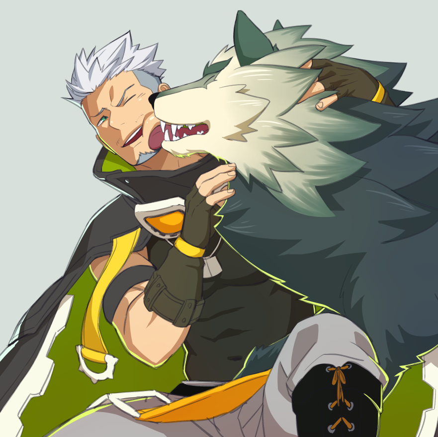 1boy, abs, bara, blue_eyes, blush, facial_hair, gyee, itto_(mentaiko)