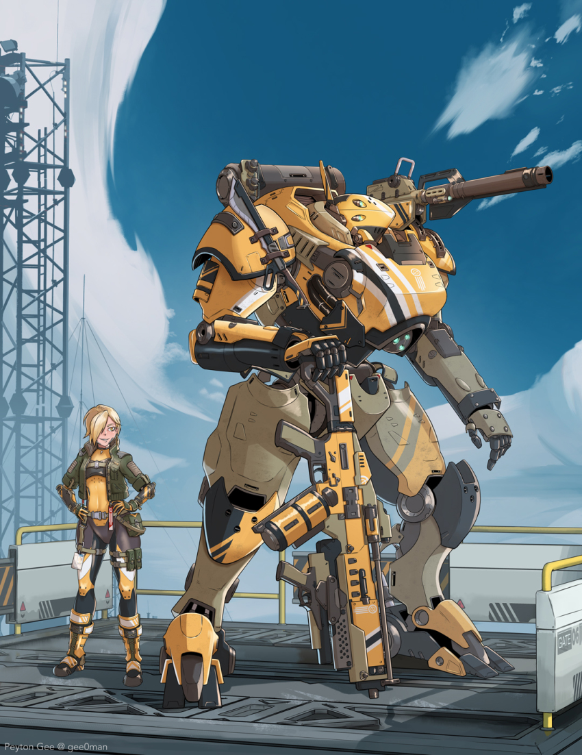 1girl, artist_name, blonde_hair, blue_eyes, bodysuit, bodysuit_under_clothes, commentary, commission, english_commentary, extra_eyes, gun, hair_over_one_eye, hands_on_own_hips, highres, holding, holding_gun, holding_weapon, jacket, mecha, original, peyton_gee, pilot_suit, robot, short_hair, shoulder_cannon, standing, twitter_username, weapon, yellow_eyes