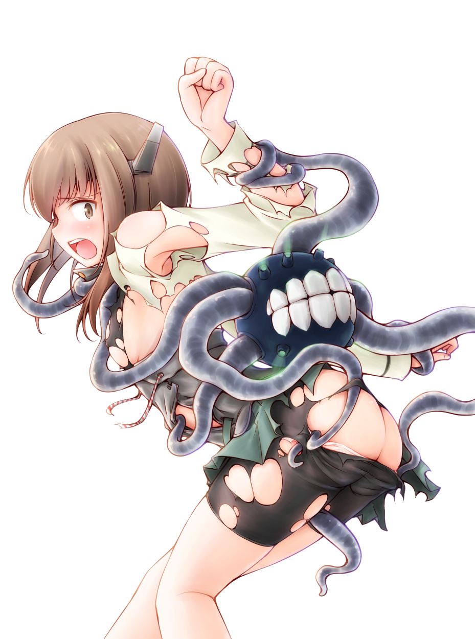 1girl, abyssal_ship, ass, bike_shorts, black_shorts, breasts, brown_eyes, brown_hair, enemy_naval_mine_(kancolle), headband, headgear, highres, kantai_collection, long_sleeves, meihemu, open_mouth, restrained, shirt, shorts, simple_background, small_breasts, solo, taihou_(kancolle), tentacles, torn_bike_shorts, torn_clothes, torn_shirt, white_background
