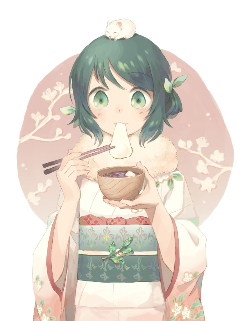 1girl, ametani_kuko, animal, animal_on_head, bowl, chopsticks, commentary_request, eating