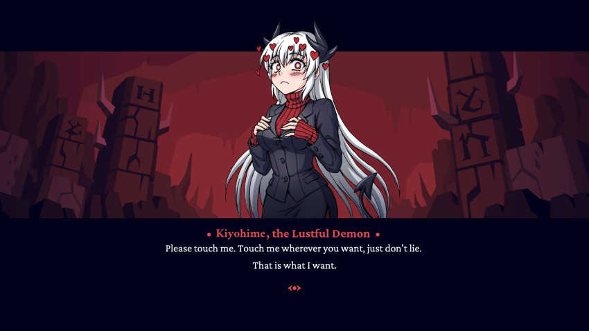 1girl, black_skirt, blush, burbur, cosplay, demon_girl, english_text, fake_screenshot