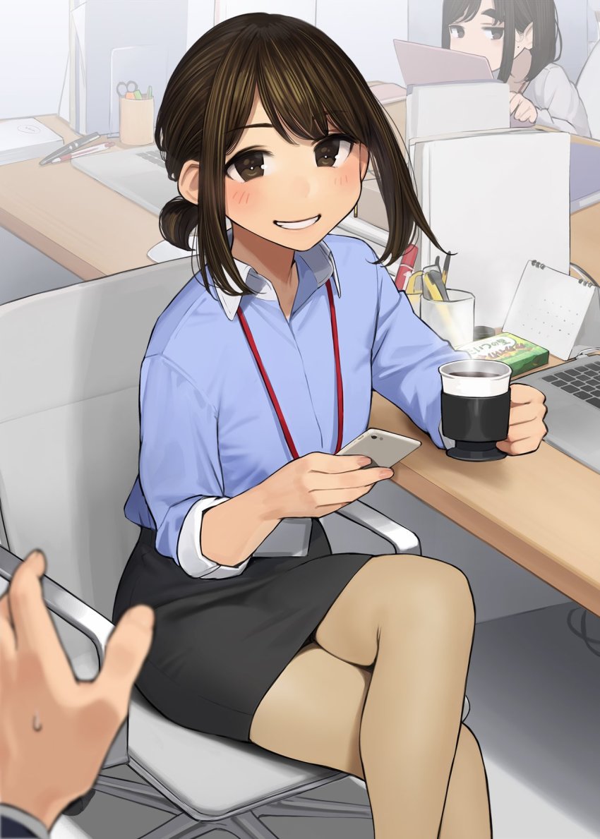 2girls, blush, brown_eyes, brown_hair, calendar_(object), cellphone, chair, coffee_mug