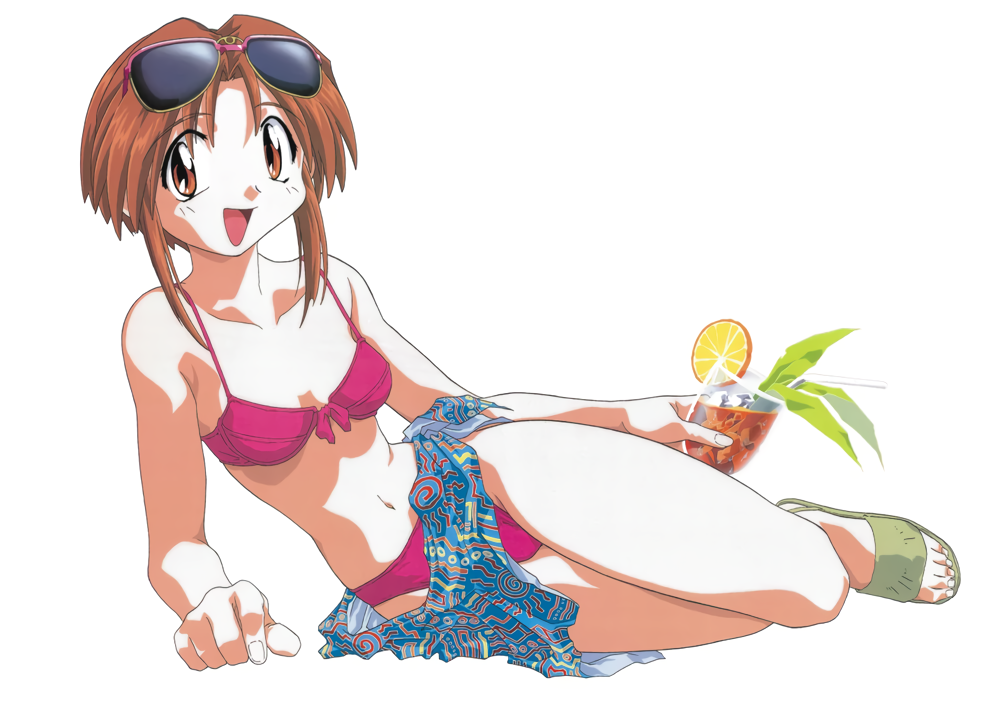 1990s_(style), 1girl, bikini, brown_eyes, brown_hair, drink, eyewear_on_head, full_body, holding, holding_drink, looking_at_viewer, maze_bakunetsu_jikuu, mill_varna, navel, official_art, open_mouth, pink_bikini, retro_artstyle, sandals, sarong, short_hair, simple_background, sitting, solo, suganuma_eiji, swimsuit, white_background, yokozuwari