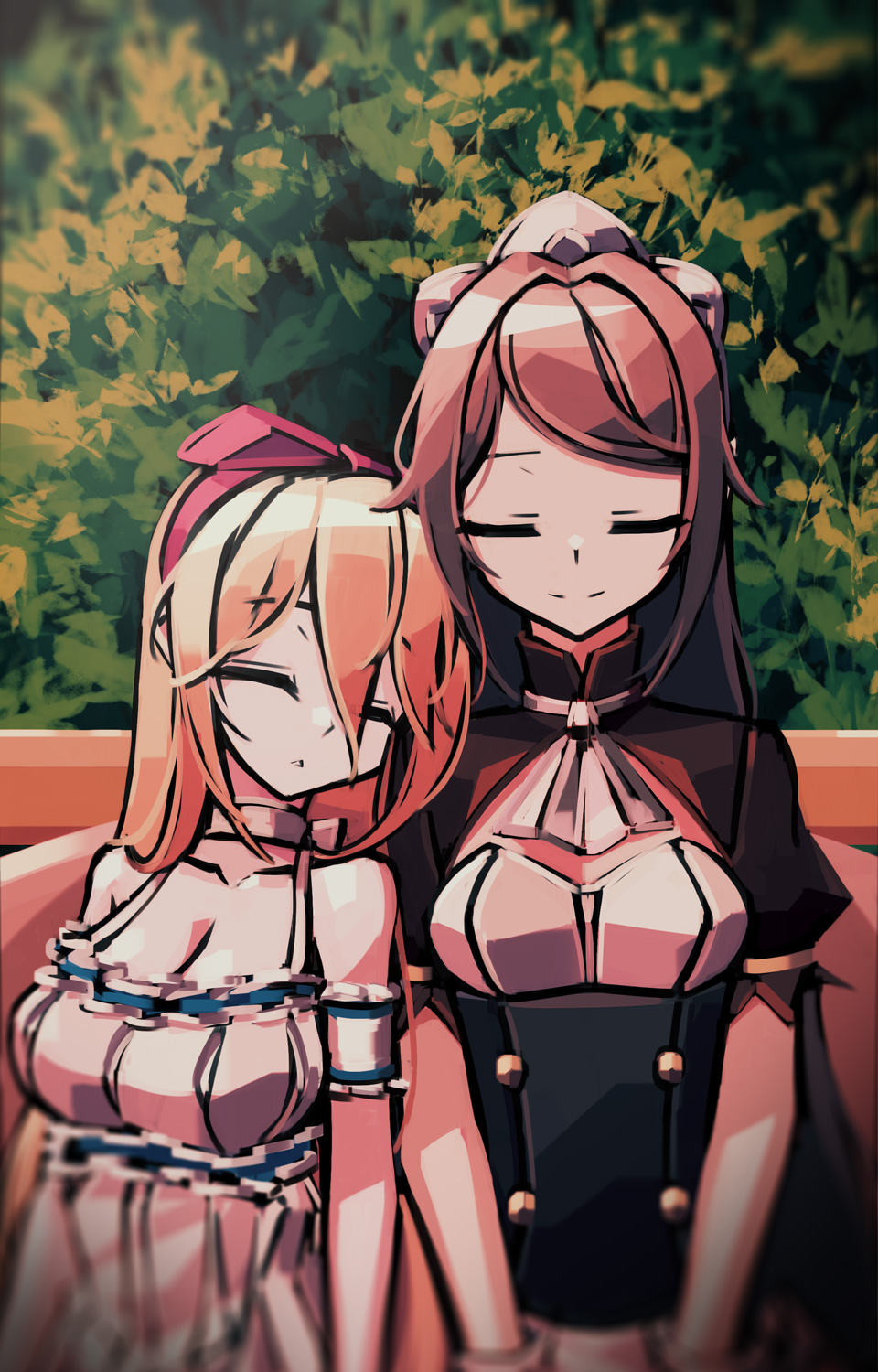 2girls, armband, arms_at_sides, ascot, bare_arms, bare_shoulders, bench, blurry