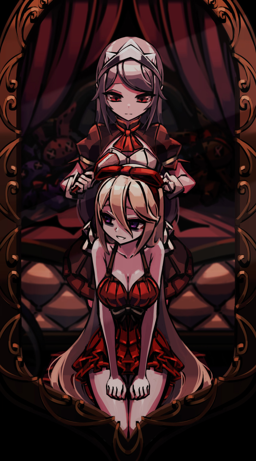 2girls, ascot, bags_under_eyes, bare_shoulders, behind_another, blonde_hair, breasts, brown_hair