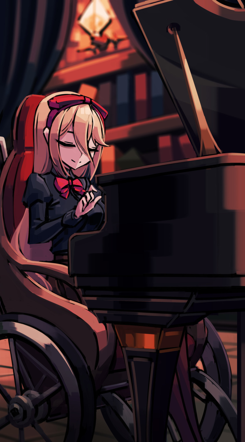 1girl, bags_under_eyes, black_shirt, blonde_hair, blurry, blurry_background, bookshelf, bow