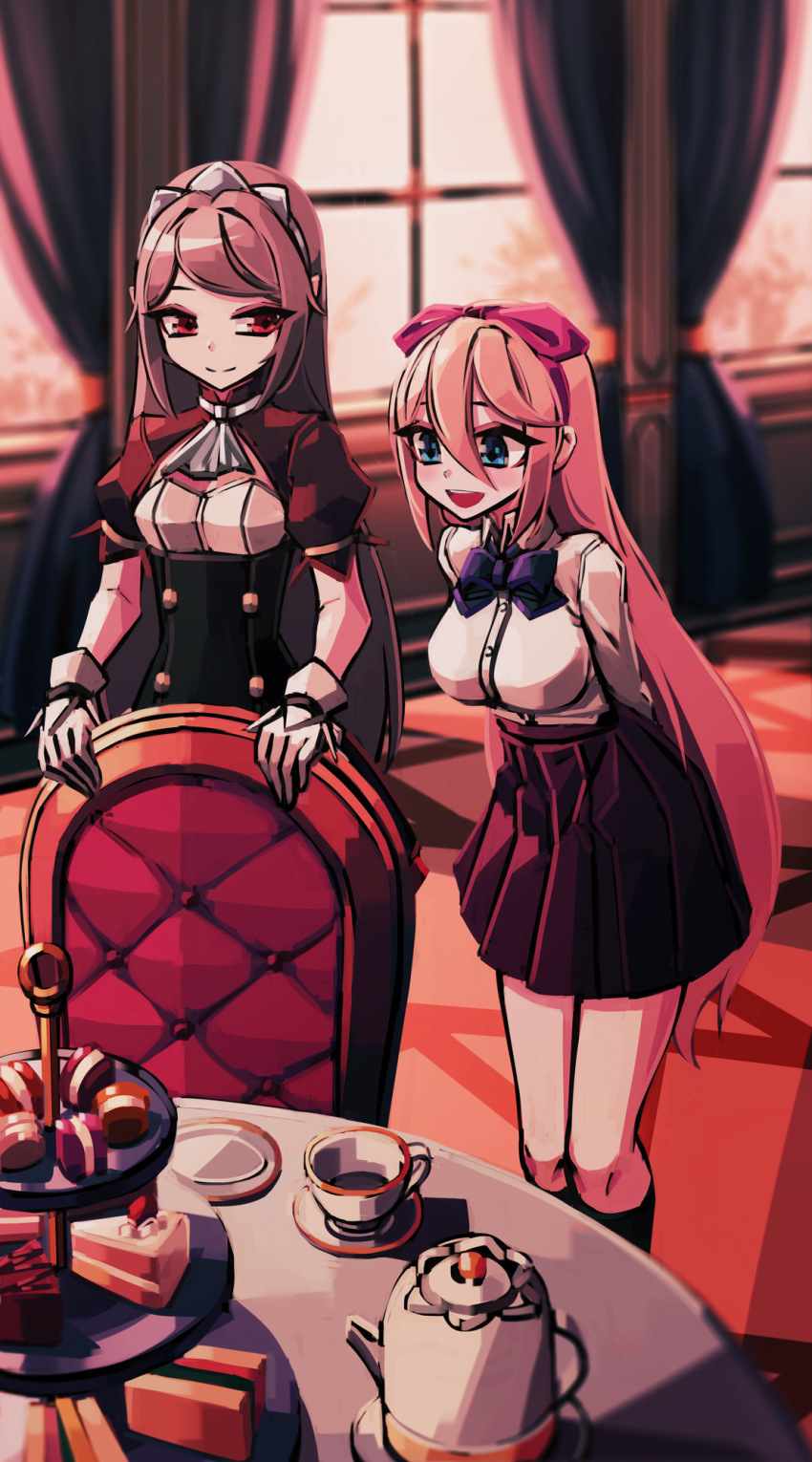 2girls, armlet, arms_behind_back, ascot, black_socks, blonde_hair, blue_eyes, blurry