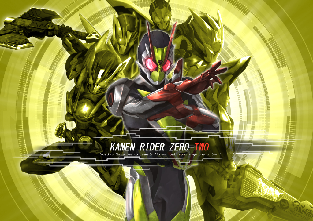 1boy, armor, axe, character_name, commentary, english_text, evolution, helmet, kamen_rider, kamen_rider_01_(series), kamen_rider_zero-one, kamen_rider_zero-two, looking_at_viewer, metalcluster_hopper, multiple_persona, red_eyes, rider_belt, rising_hopper, shining_assault_hopper, shining_hopper, sword, tsubasansan, weapon