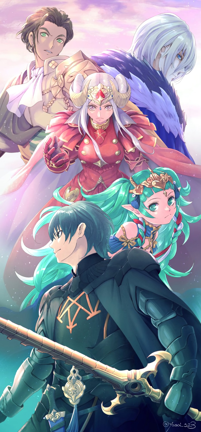 2girls, 3boys, absurdres, armor, black_gloves, blue_hair, braid, male_byleth_(fire_emblem), cape, claude_von_riegan, dagger, dimitri_alexandre_blaiddyd, edelgard_von_hresvelg, fire_emblem, fire_emblem:_three_houses, from_side, fur_trim, gloves, hair_ornament, heroes_relic_(fire_emblem), highres, holding, holding_sword, holding_weapon, knife, long_hair, looking_at_viewer, multiple_boys, multiple_girls, nintendo, outstretched_hand, pointy_ears, red_cape, sheath, sheathed, sothis_(fire_emblem), sword, sword_of_the_creator, tiara, weapon, yasai_maru