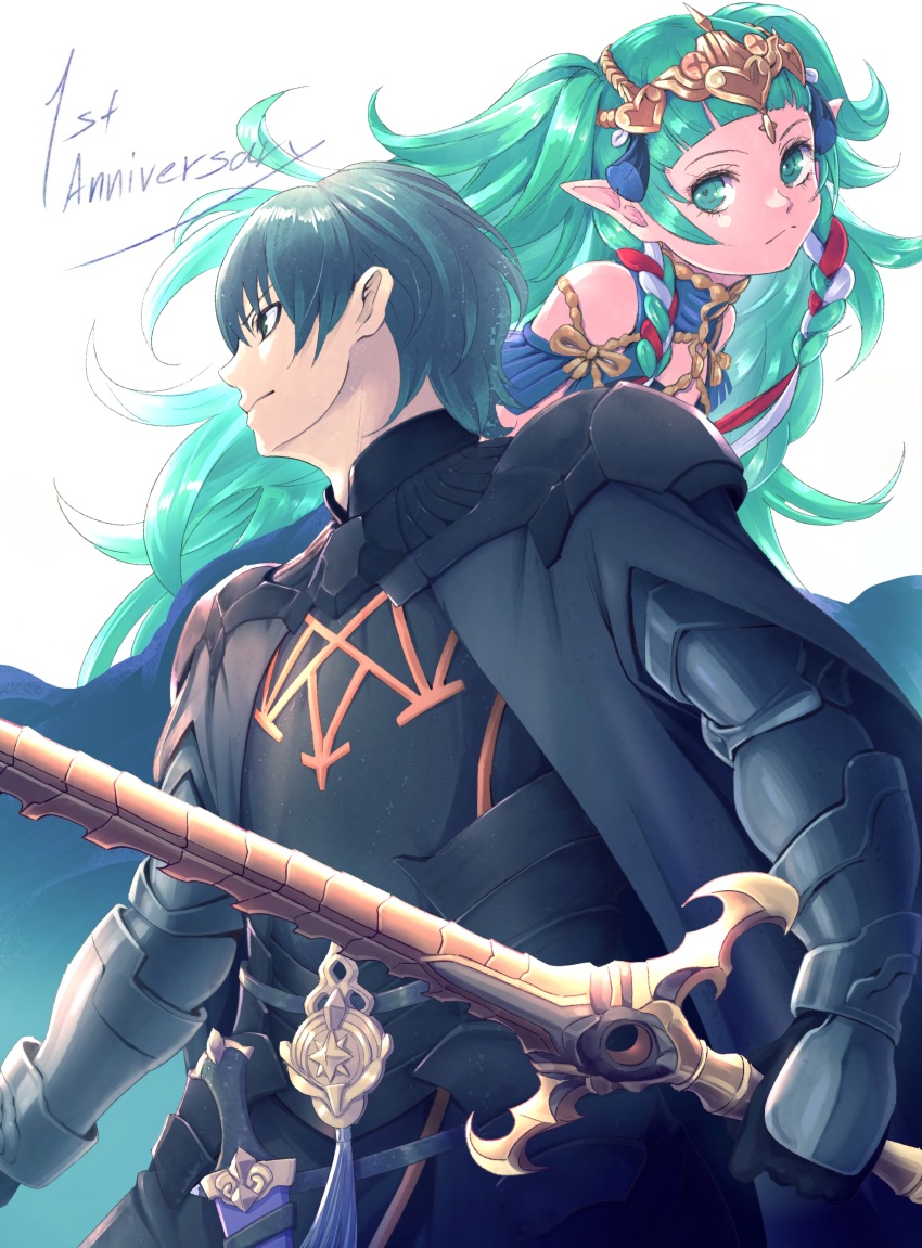 1boy, 1girl, absurdres, anniversary, armor, black_gloves, blue_hair, braid