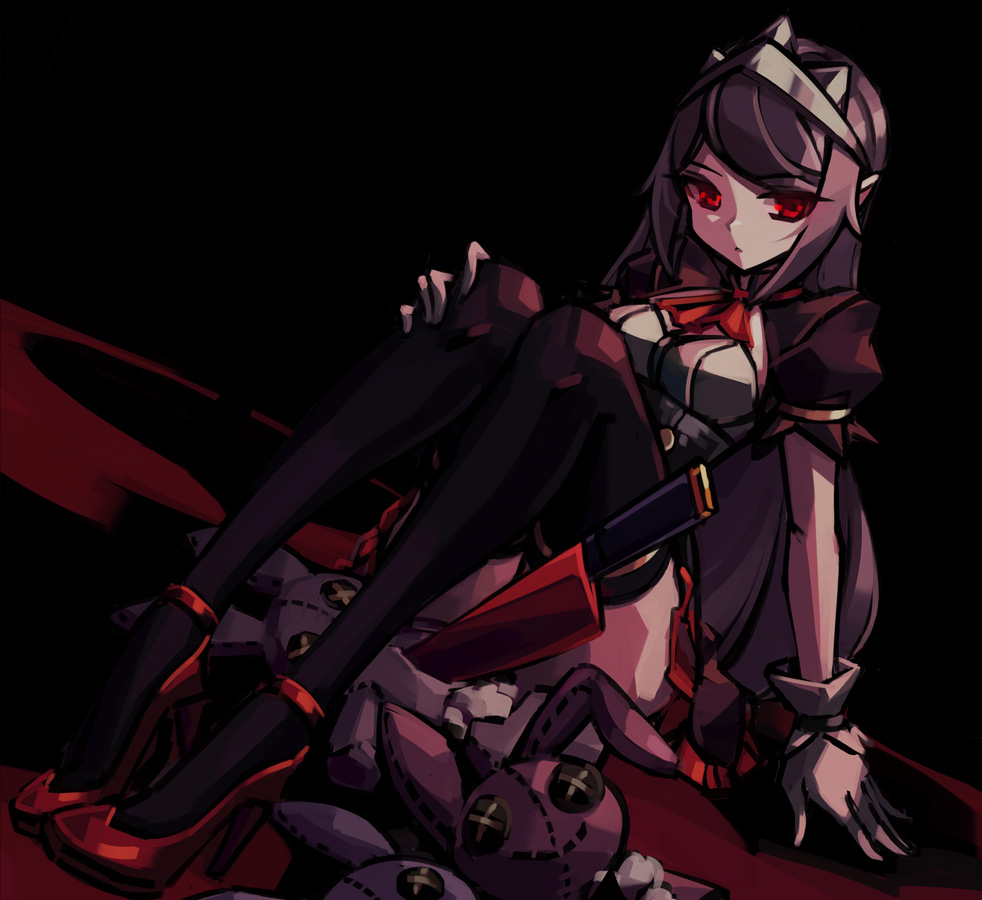 1girl, armlet, ascot, black_background, black_thighhighs, breasts, brown_hair, cleavage_cutout