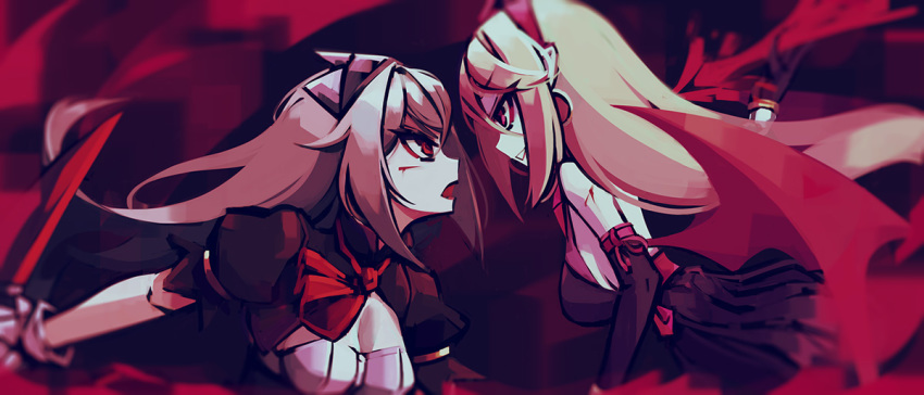 2girls, angry, arm_up, arrow_(projectile), ascot, bat_wings, blonde_hair, blurry