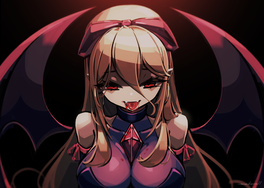1girl, arm_ribbon, artist_name, bare_shoulders, bat_wings, black_background, blonde_hair, blood
