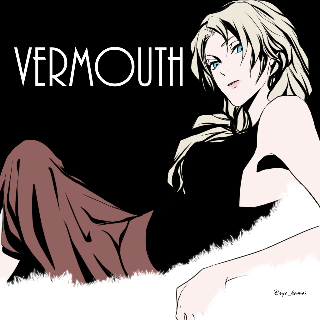 1girl, black_background, black_shirt, blonde_hair, blue_eyes, breasts, brown_skirt, character_name, commentary_request, from_side, lipstick, long_hair, long_skirt, looking_at_viewer, lying, makeup, medium_breasts, meitantei_conan, on_back, parted_lips, pink_lips, reclining, ryo_kamai, shirt, simple_background, skirt, solo, twitter_username, vermouth_(meitantei_conan)