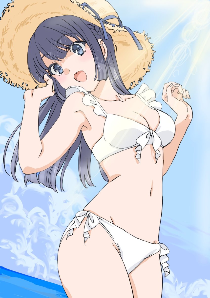 1girl, bikini, black_hair, blue_eyes, blue_sky, breasts, cloud, collarbone