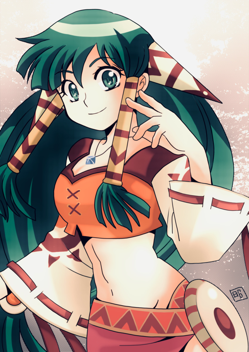 1girl, absurdres, breasts, crop_top, feena_(grandia), grandia, grandia_i, green_eyes