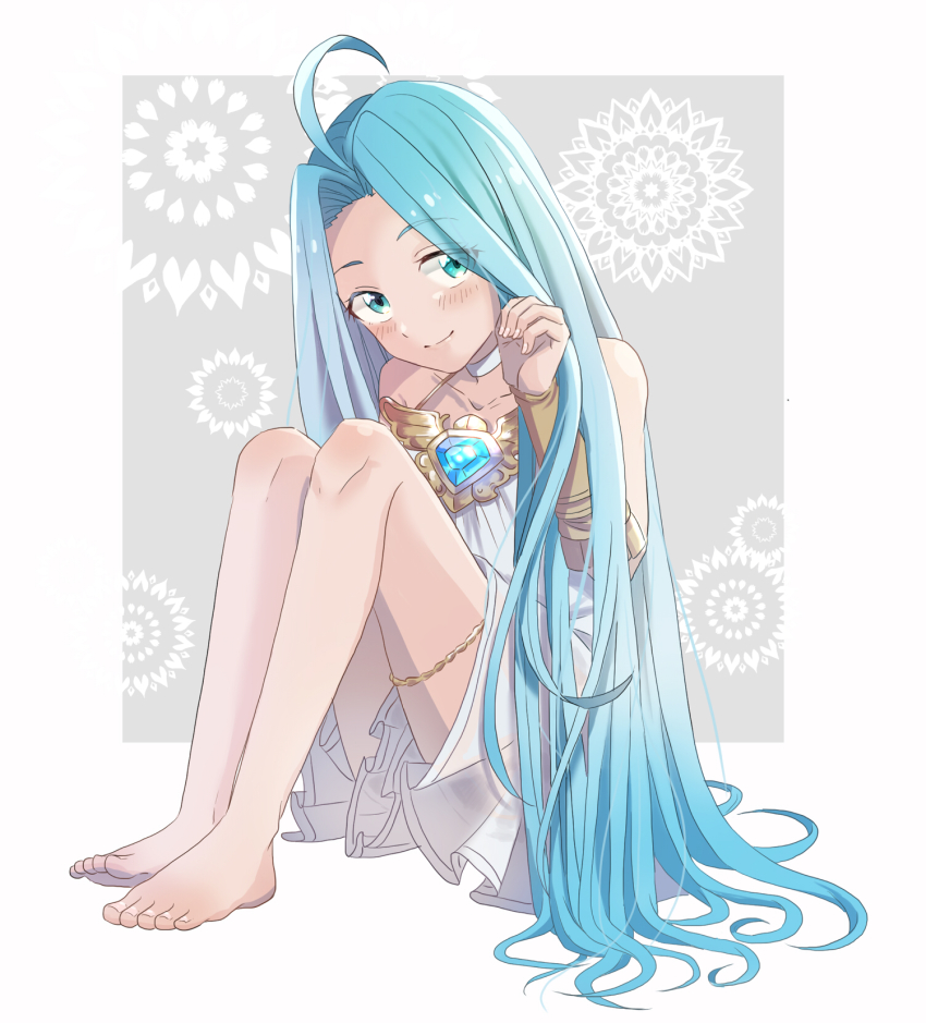 1girl, adjusting_hair, ahoge, aoyagi_(ao0701yagi), barefoot, blue_eyes, blue_hair, choker