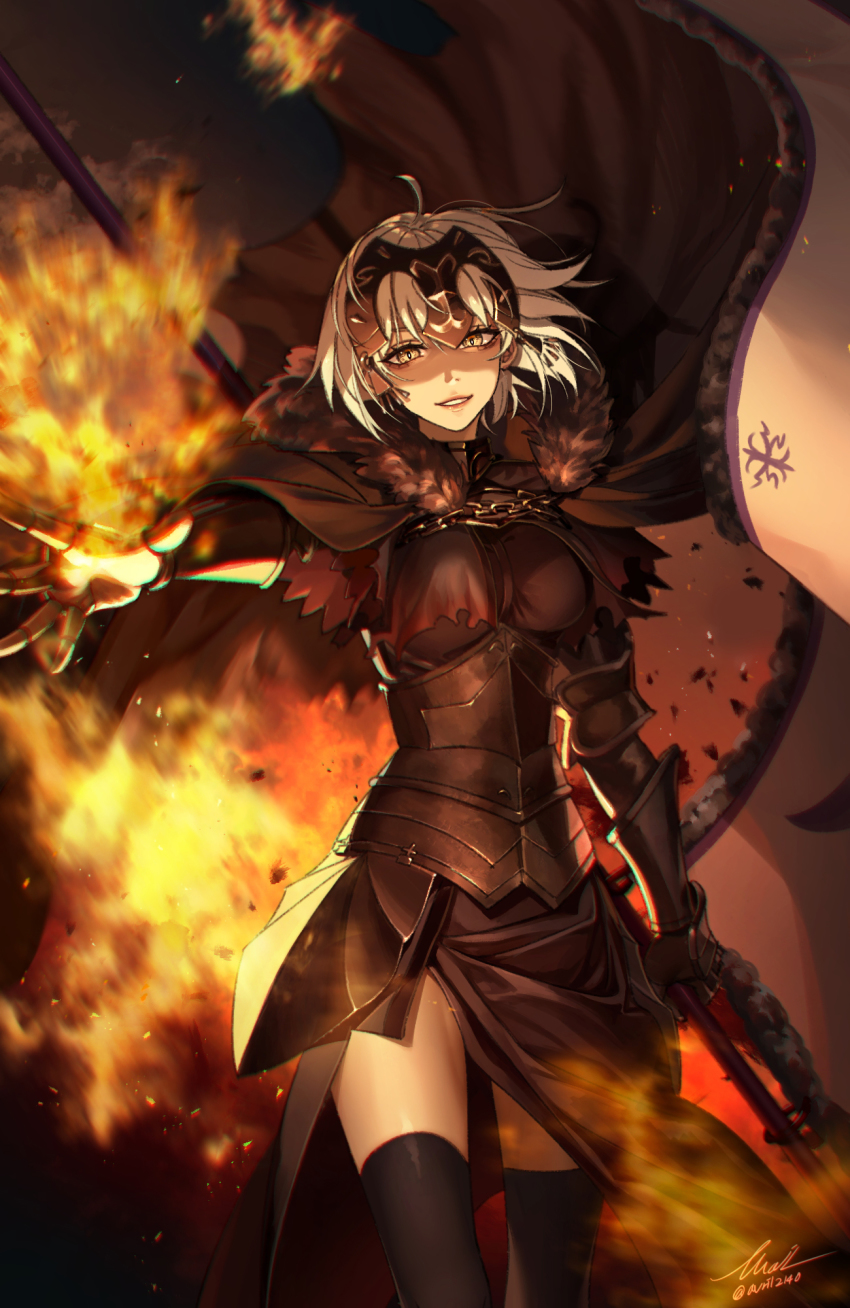 1girl, 2020, armor, armored_dress, bad_id, bad_pixiv_id, banner, black_dress