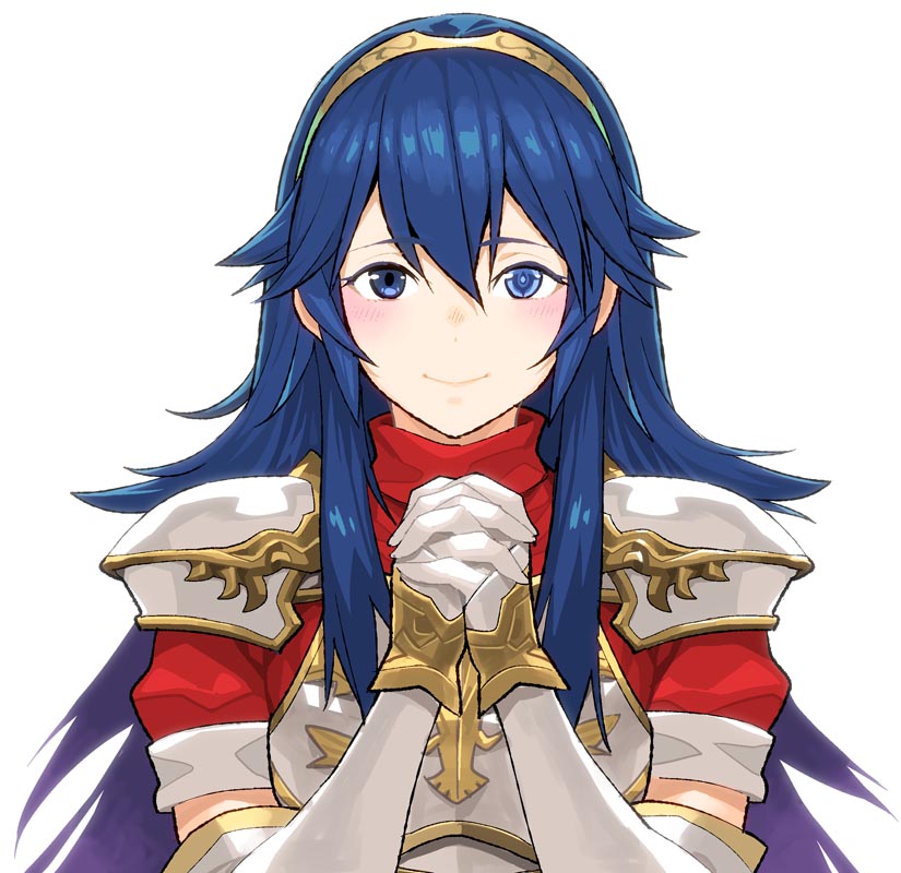 1girl, armor, blue_eyes, blue_hair, breastplate, caeda_(fire_emblem), caeda_(fire_emblem)_(cosplay), closed_mouth, cosplay, elbow_gloves, fire_emblem, fire_emblem:_mystery_of_the_emblem, fire_emblem_awakening, gloves, own_hands_clasped, long_hair, lucina_(fire_emblem), nintendo, own_hands_together, simple_background, smile, solo, tiara, umaguti, upper_body, white_background, white_gloves