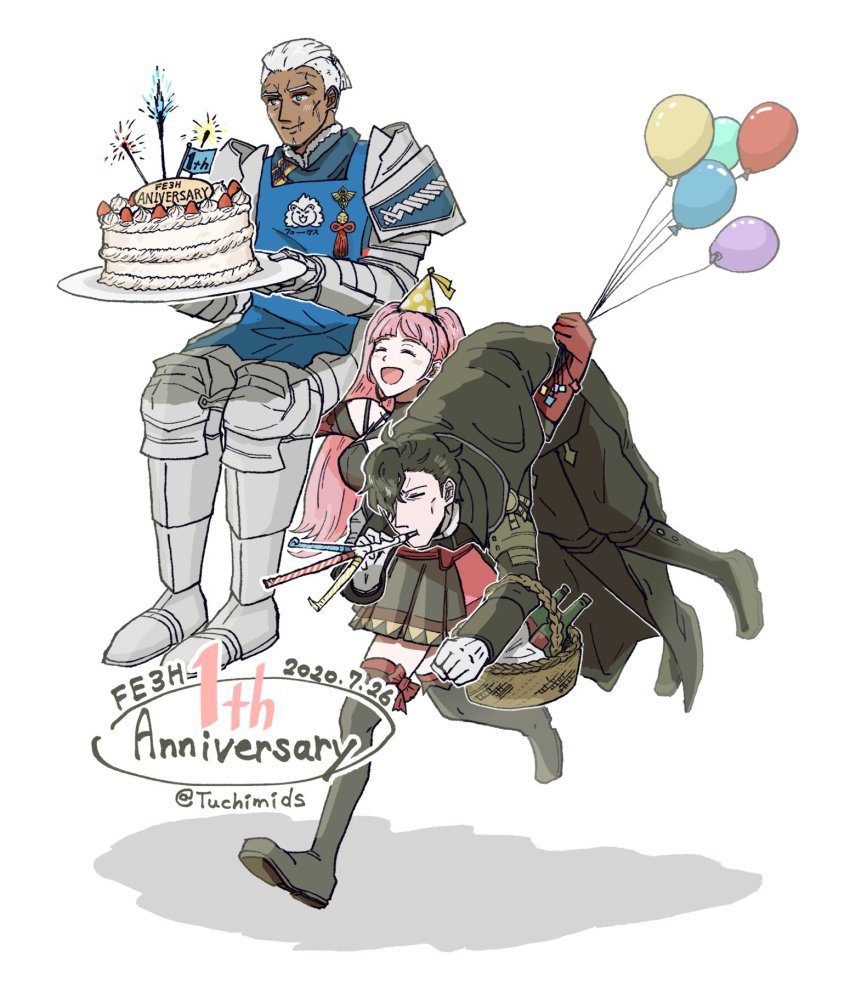 1girl, 2boys, anniversary, apron, armor, balloon, black_hair, cake