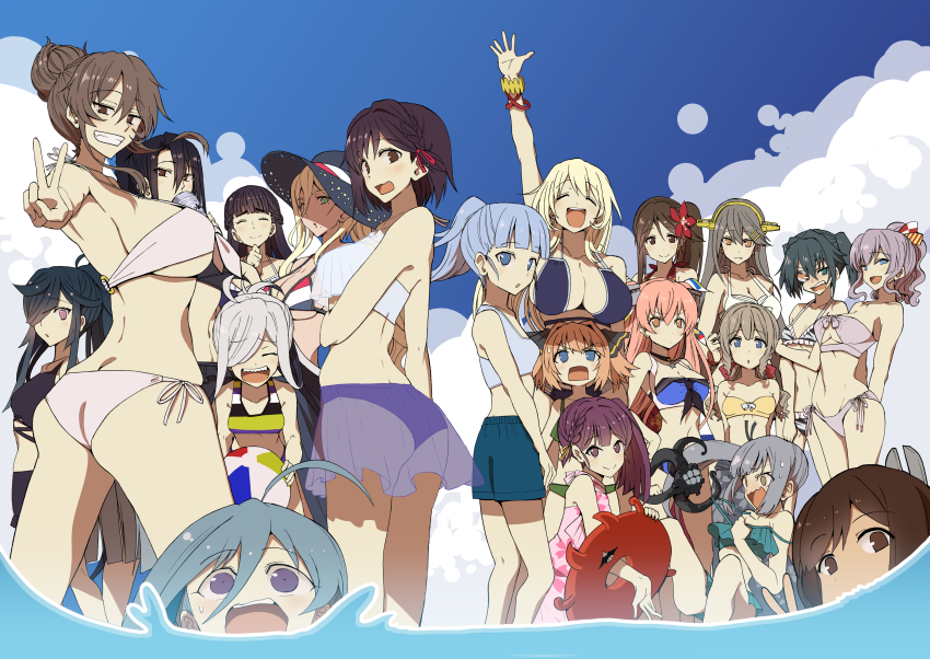 6+girls, absurdres, abyssal_ship, ahoge, alcohol, alternate_hairstyle, amagi_(kancolle), arm_up, asashimo_(kancolle), ashigara_(kancolle), ass, atago_(kancolle), beer, beer_can, bikini, bikini_skirt, black_hair, blonde_hair, blue_hair, blunt_bangs, blush, braid, breasts, brown_hair, butt_crack, can, cleavage, closed_eyes, cloud, day, drink_can, drinking, enemy_lifebuoy_(kancolle), enemy_naval_mine_(kancolle), eyepatch, flower, grey_hair, grin, hachijou_(kancolle), haguro_(kancolle), hair_bun, hair_down, hair_flower, hair_ornament, hair_over_one_eye, hair_ribbon, hair_up, hairclip, haruna_(2016_swimsuit)_(kancolle), haruna_(kancolle), hat, hatakaze_(kancolle), hatsukaze_(kancolle), hayashimo_(kancolle), headgear, highres, holding, huge_breasts, i-401_(kancolle), johnston_(kancolle), johnston_kai_(swimsuit)_(kancolle), kamikaze_(kancolle), kantai_collection, kashima_(kancolle), kasumi_(kancolle), kasumi_kai_ni_(kancolle), kasumi_kai_ni_(swimsuit)_(kancolle), kiso_(kancolle), kiyoshimo_(kancolle), large_breasts, long_hair, medium_breasts, mole, mole_under_eye, mole_under_mouth, multiple_girls, myoukou_(kancolle), nachi_(kancolle), open_mouth, outdoors, ponytail, ribbon, richelieu_(kancolle), sharp_teeth, side-tie_bikini_bottom, side_ponytail, single_hair_bun, sky, small_breasts, smile, sun_hat, sweat, swimsuit, teeth, tentacles, tsuji_kazuho, twintails, two_side_up, underboob, v, water