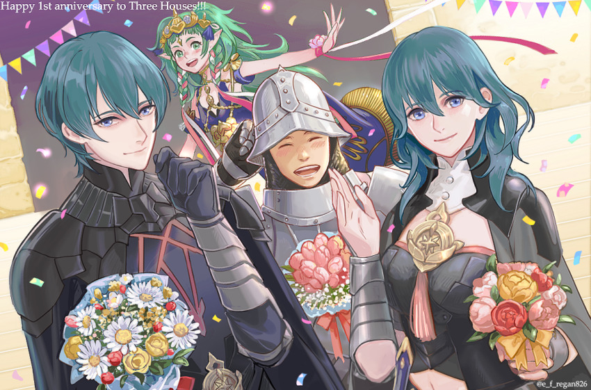 2boys, 2girls, anniversary, armor, black_gloves, blue_eyes, blue_hair, braid