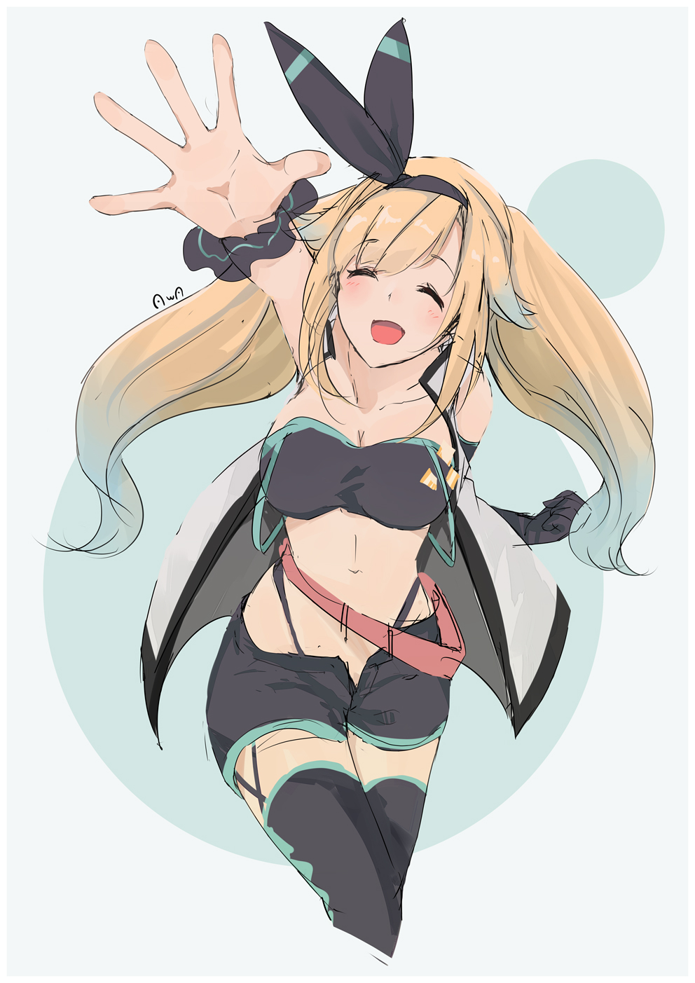 1girl, animal_ears, black_gloves, black_shorts, black_thighhighs, blonde_hair, blush, breasts