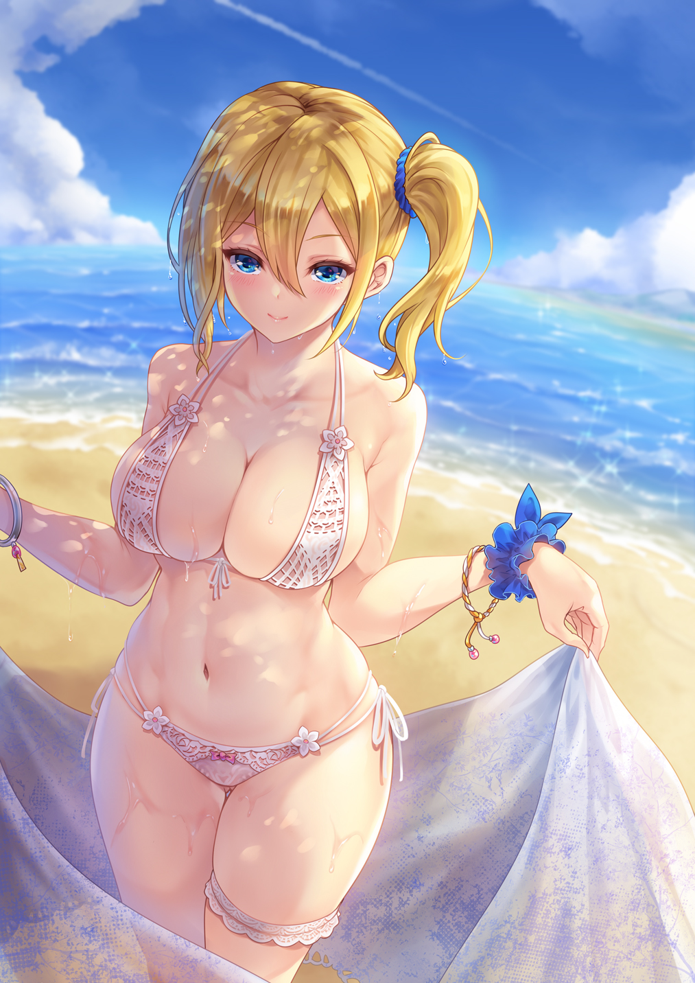1girl, alternate_costume, bare_arms, bare_shoulders, beach, bikini, blonde_hair, blue_eyes