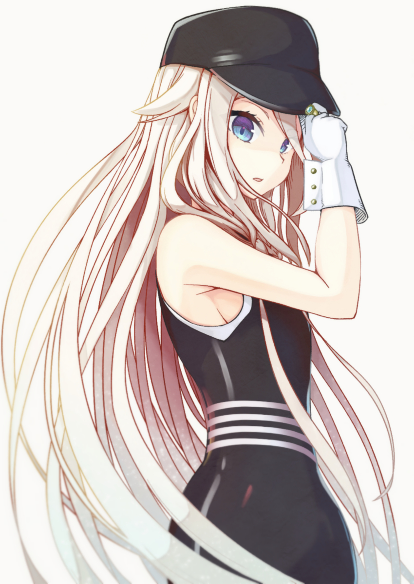 1girl, absurdres, adjusting_clothes, adjusting_headwear, bare_shoulders, black_dress, black_hat, blue_eyes, cevio, commentary, conqueror_(cevio), cowboy_shot, dress, from_side, gloves, haiyuki_yuki, hand_up, hat, highres, ia_(vocaloid), jewelry, long_hair, looking_at_viewer, parted_lips, platinum_blonde_hair, ring, simple_background, sleeveless, sleeveless_dress, solo, standing, very_long_hair, vocaloid, white_background, white_gloves