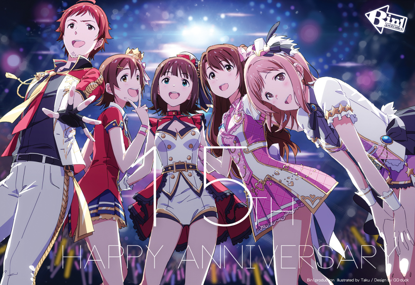 1boy, 4girls, :d, ahoge, amami_haruka, anniversary, black_gloves, blush