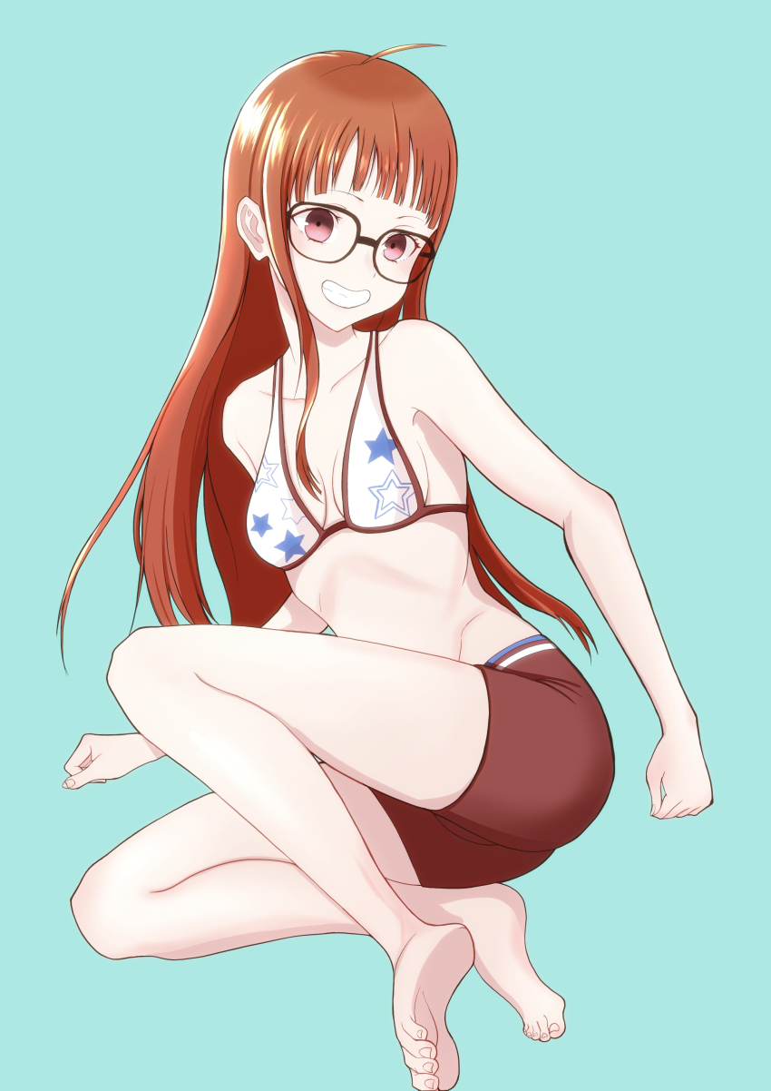 1girl, absurdres, ahoge, barefoot, bike_shorts, bikini, bikini_top_only, black-framed_eyewear