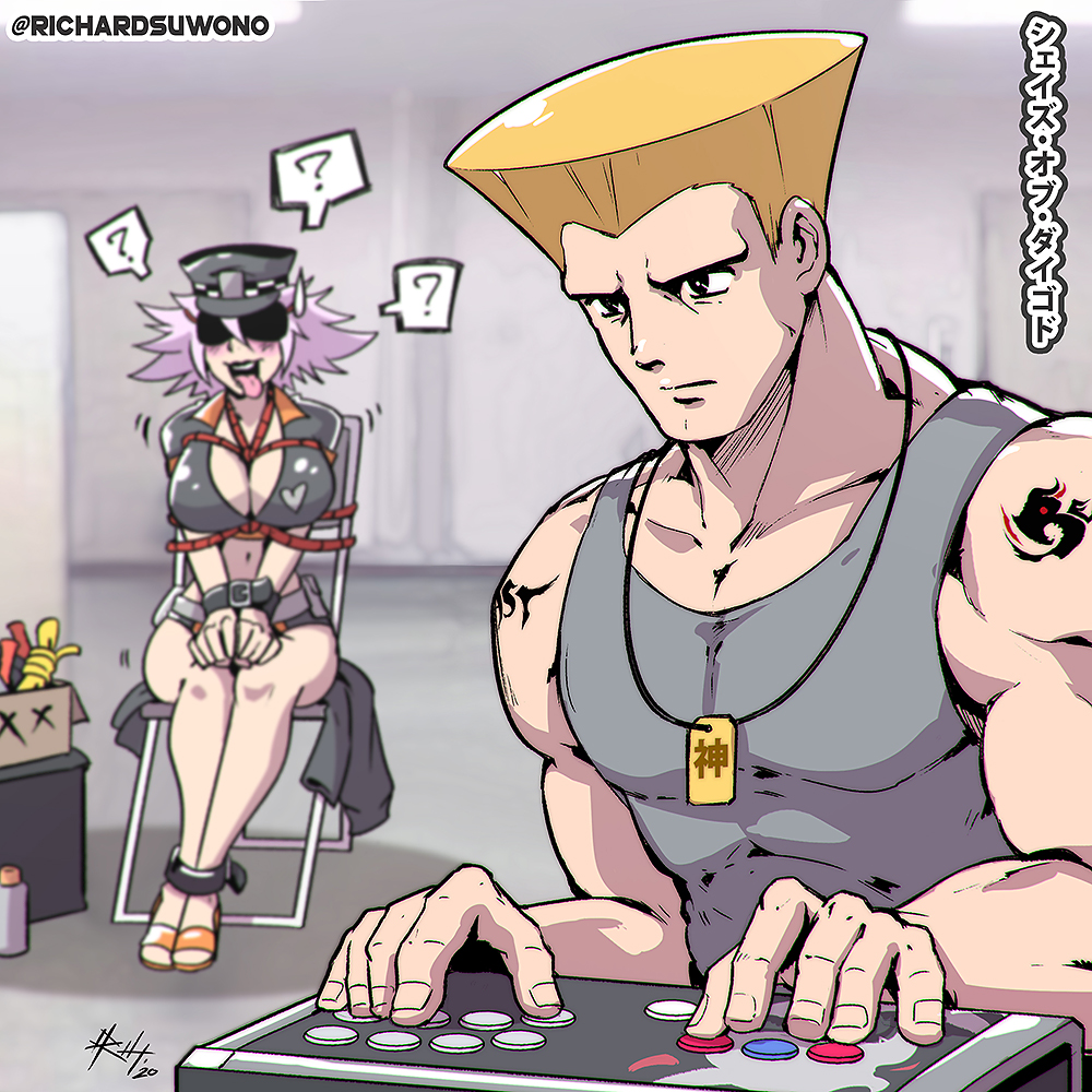 1boy, 1girl, ?, arcade_stick, bdsm, blonde_hair, bondage, bound, bound_ankles, bound_wrists, breast_bondage, breasts, capcom_cup, commentary, controller, dog_tags, english_commentary, flattop, fuudo, game_controller, guile, joystick, kuso_miso_technique, large_breasts, narrow_waist, playing_games, playing_video_games, poison_(final_fight), red_rope, richard_suwono, rope, shibari, shibari_over_clothes, sitting, spoken_question_mark, street_fighter, street_fighter_v, tank_top, translation_request, umehara_daigo