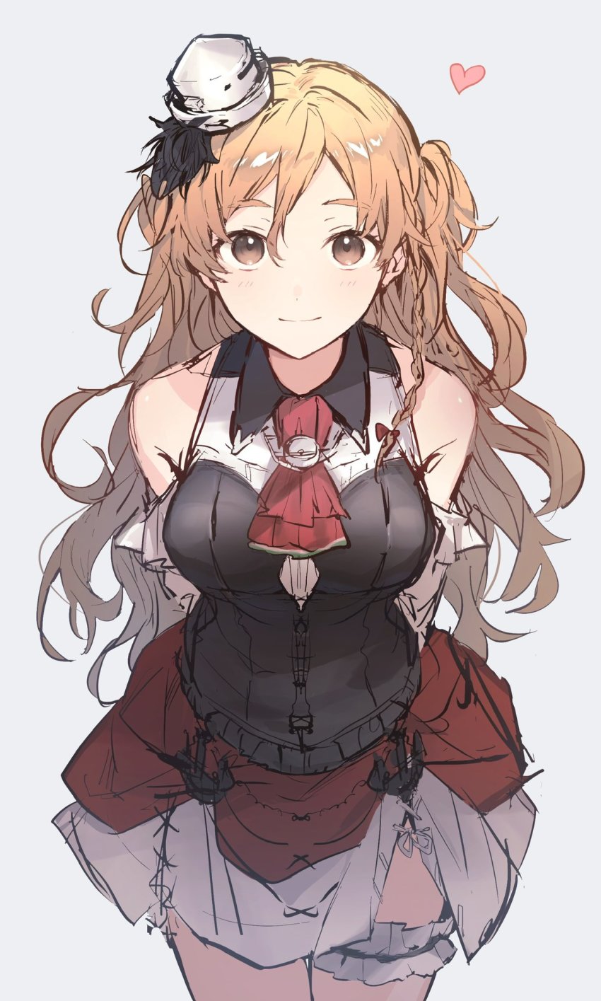1girl, anchor, bad_id, bad_twitter_id, bare_shoulders, blonde_hair, blouse, braid, breasts, brown_eyes, cleavage_cutout, clothing_cutout, corset, french_braid, frilled_thigh_strap, hat, highres, kantai_collection, large_breasts, layered_skirt, long_hair, mini_hat, miniskirt, ponko_(damachida), shirt, side_braid, skirt, thigh_strap, tilted_headwear, wavy_hair, white_background, white_shirt, zara_(kancolle)