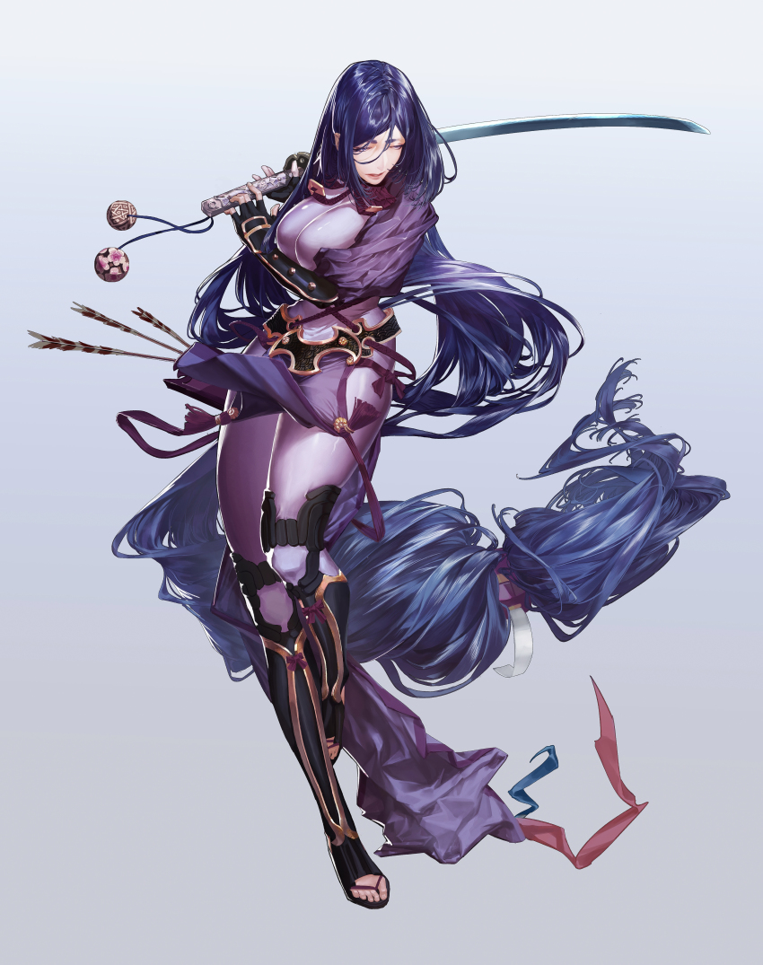 024_(1a41a4), 1girl, absurdly_long_hair, absurdres, arm_guards, arrow_(projectile), black_gloves, bodysuit, breasts, fate/grand_order, fate_(series), fighting_stance, fingerless_gloves, gloves, highres, holding, holding_sword, holding_weapon, large_breasts, loincloth, long_hair, low-tied_long_hair, minamoto_no_raikou_(fate), parted_bangs, parted_lips, purple_bodysuit, purple_eyes, purple_hair, quiver, ribbed_sleeves, rope, sword, tabard, toes, very_long_hair, weapon