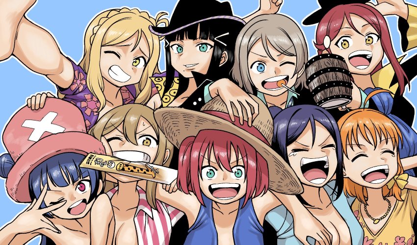 6+girls, aqours_pirates_desire, ascot, beer_mug, blue_background, blue_eyes, breasts, brook_(one_piece)
