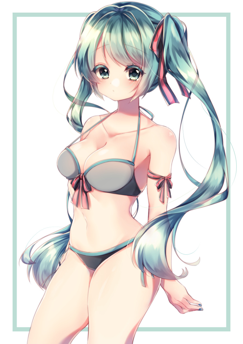 1girl, absurdres, aqua_eyes, aqua_hair, aqua_nails, bikini, black_bikini, breasts