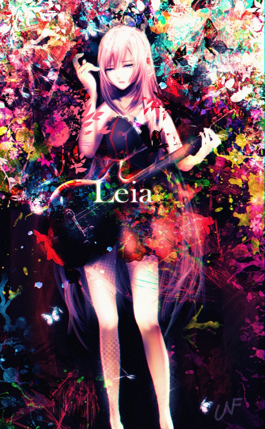 1girl, aqua_nails, black_dress, blue_eyes, colorful, dress, feet_out_of_frame, guitar