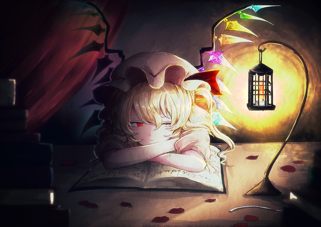 1girl, blonde_hair, book, candle, candlelight, closed_mouth, commentary_request, crossed_arms