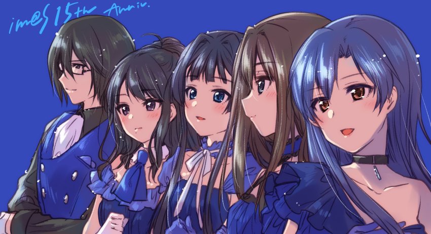 1boy, 4girls, anniversary, bare_shoulders, black_choker, black_eyes, black_hair, black_shirt