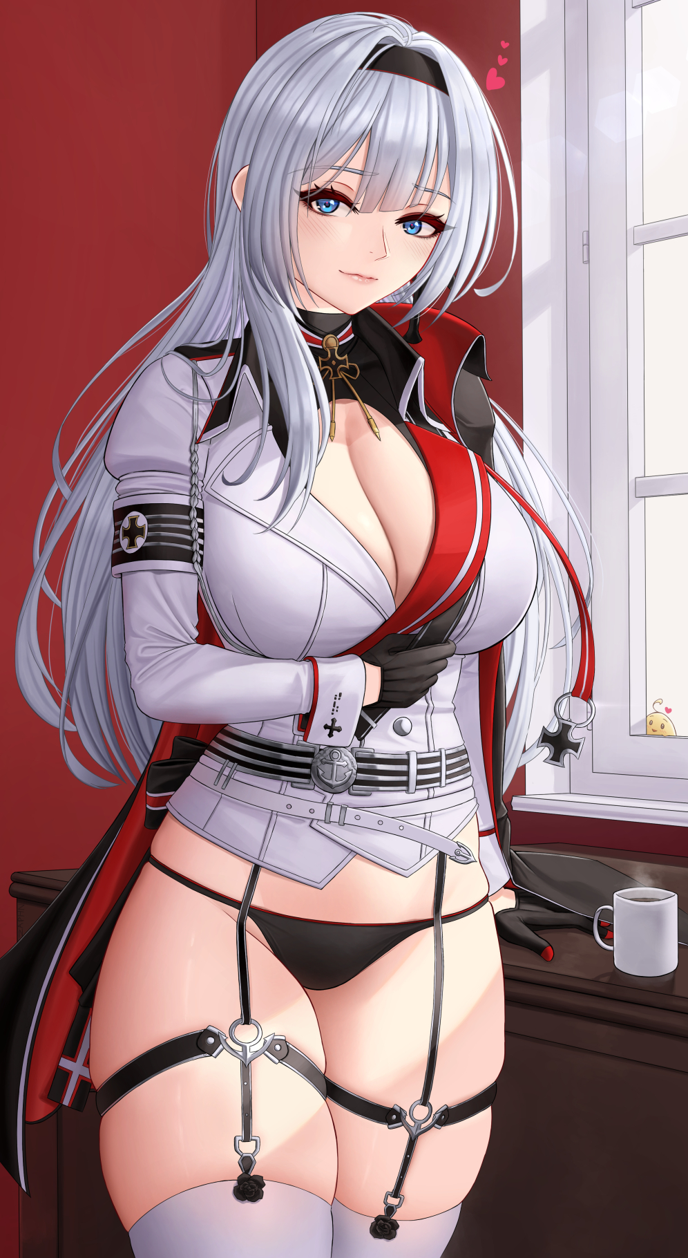 1girl, arm_under_breasts, azur_lane, black_gloves, black_headband, black_panties, blue_eyes, blush, breasts, cleavage, closed_mouth, commentary, cowboy_shot, cup, english_commentary, garter_straps, gloves, headband, highres, indoors, iron_blood_(emblem), jacket, large_breasts, long_hair, mainz_(azur_lane), manjuu_(azur_lane), mug, no_pants, panties, pink_lips, table, thighhighs, thighs, underwear, white_jacket, white_thighhighs, window, zaphn