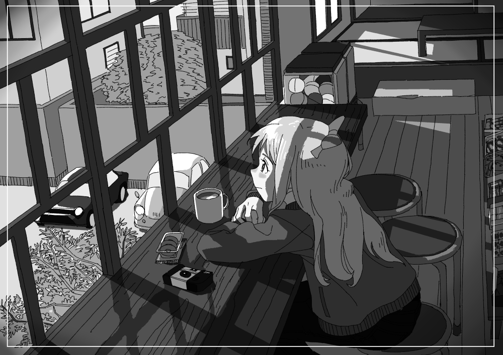 1girl, backlighting, bow, building, cafe, camera, car, closed_mouth