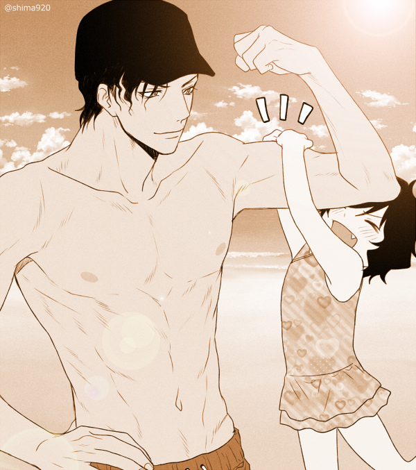 >_<, 1boy, 1girl, aged_down, akai_shuuichi, bare_pectorals, beach, biceps