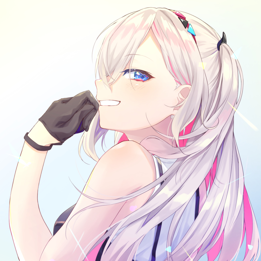 1girl, avatar_2.0_project, bare_shoulders, black_gloves, blue_eyes, blush, breasts, dress, gloves, grin, hair_between_eyes, hairband, hand_up, highres, kanousera_hinayu, long_hair, looking_at_viewer, medium_breasts, multicolored_hair, musubime_yui, pink_hair, silver_hair, sleeveless, smile, solo, two-tone_hair, two_side_up, virtual_youtuber