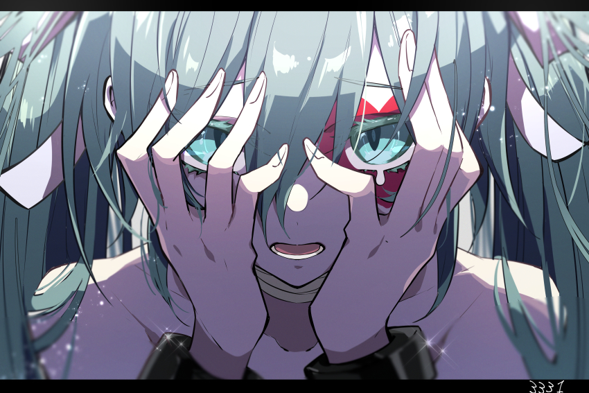 1girl, 3331_(vocaloid), absurdres, aqua_eyes, aqua_hair, bare_shoulders, close-up, collarbone