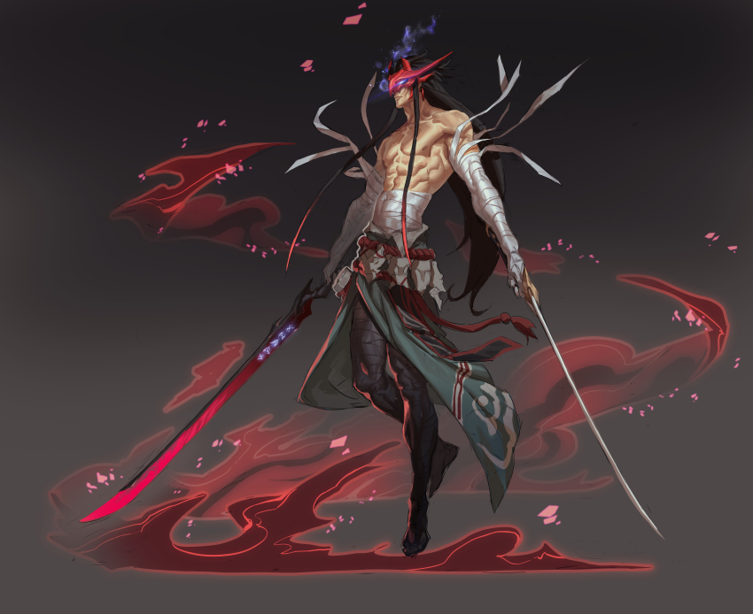 1boy, absurdres, bandaged_arm, bandaged_hand, bandaged_leg, bandages, belt, black_hair