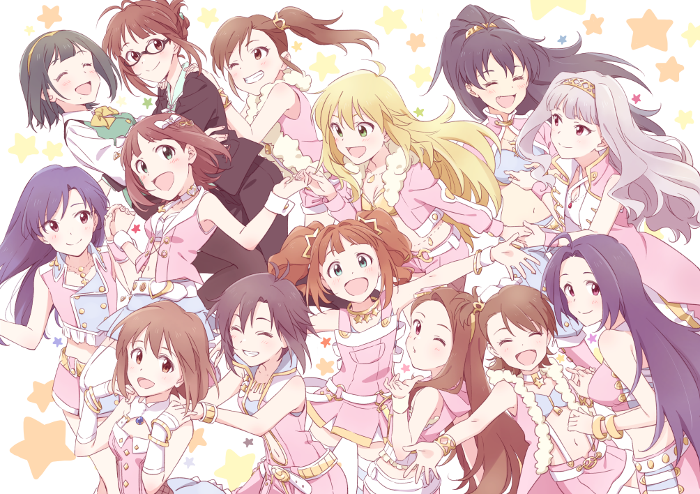 6+girls, :d, ahoge, akizuki_ritsuko, amami_haruka, antenna_hair, belt, black_hair